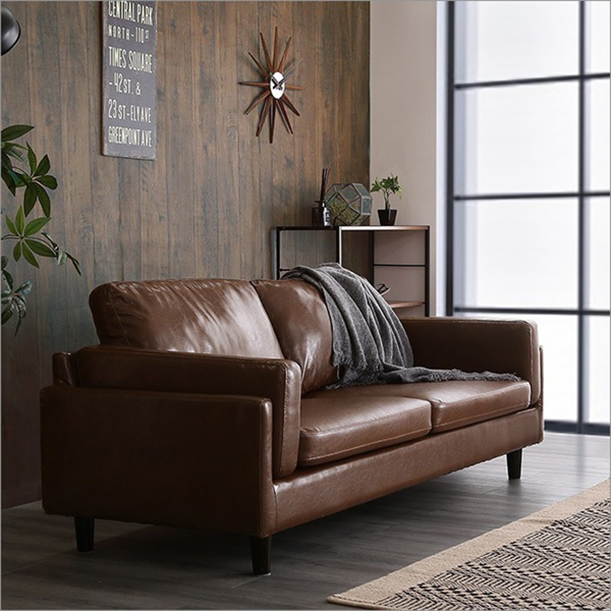 3人掛けヴィンテージソファ ローソファー PVCレザー おしゃれ 幅188cm 三人掛け クッション