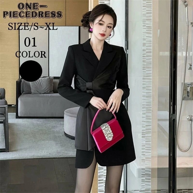 ウエストリボン　ブレザー風ドレス　ミニ丈ドレス　タイトワンピース　黒ドレス　フォーマルパーティードレス　ライトドレス　姫系　Vネック　長袖　セクシー上品 大人 きれいめ スナック 結婚式 ドレス 　ブ