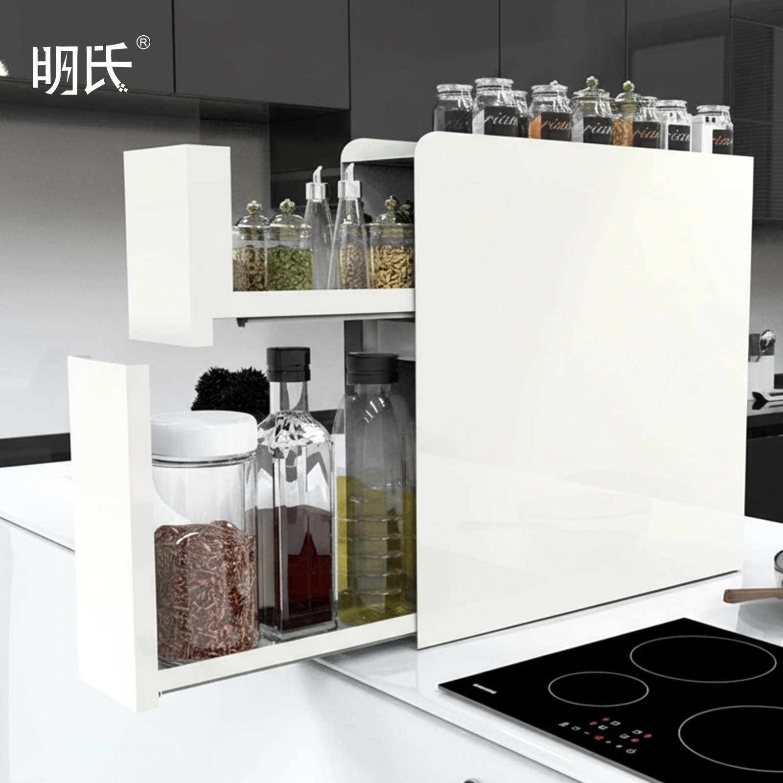 【一体成型・取付不要】隠せる調味料ラック 2段 幅12.4cm 奥行50cm 高さ50cm 調味料収納 台所用 大容量 引き出し式 コンロ横 キッチンラック ホワイト