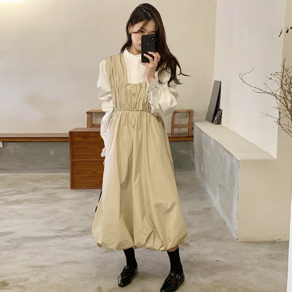 韓国ファッション パフブラウス カボチャ ロングワンピース セット(mset1813)