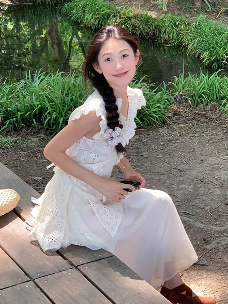 2025 春夏 ワンピース おしゃれ かわいい ドレス ミモレ丈 タック ロングレース切り替え Vネック 韓国ファッション白 レディースお出かけ キュート 甘めスリーブフレンチ