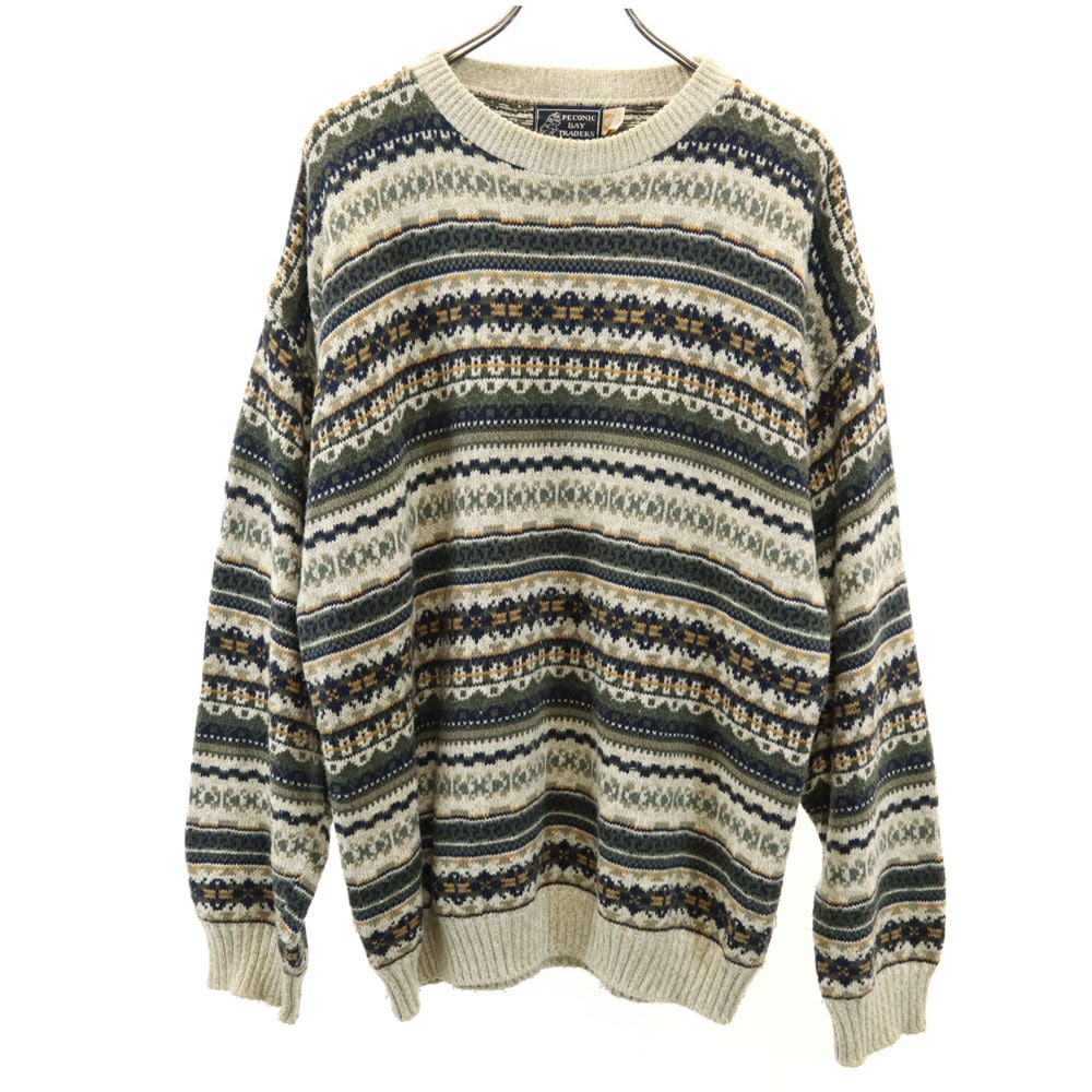 PECONIC BAY TRADERS 80s USA製 ヴィンテージ 総柄 長袖 コットンニット セーター L グリーン系 メンズ 6,602円