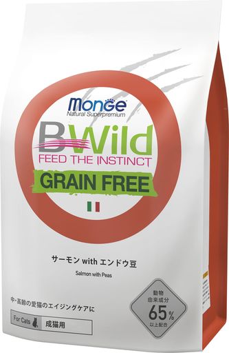 BWILD 成猫用(1歳から) サーモン WITH エンドウ豆 中・高齢のけんっこう維持のためのエイジングケアに GRAIN FREE グレインフリー (2KG)