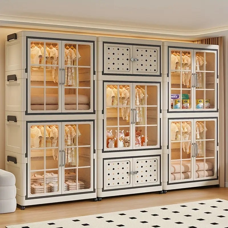 3段式クローゼットオーガナイザー＆収納キャビネット（蓋付き・キャスター付き）折りたたみ可能なプラスチックボックススタッキング可能で配置変更可能省スペース設計ホームや寮用の整理収納に表面幅6