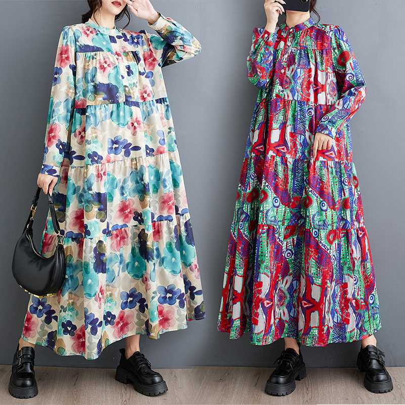 花柄 メガ割 レディース シャツワンピース ロングワンピース 大きいサイズ 体型カバー 2025秋新品 「ファットガール」