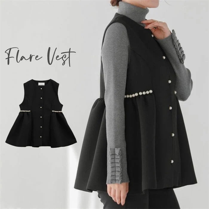 ２点で13o円OFF！【早割り】ベスト アウター レディース ジレ パール調ボタンベスト トップス パールボタン フリルジレ 前開き パール フレア クルーネック ミディアム丈 レイヤード Aライン 5,085円