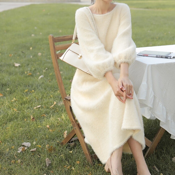 シャギーニット ふんわり ふわふわ モコモコ ニットワンピース ワンピース レディース ニットワンピ ロングワンピース ロング丈 ミモレ丈 ハイウエスト フレア クルーネック 長袖 秋