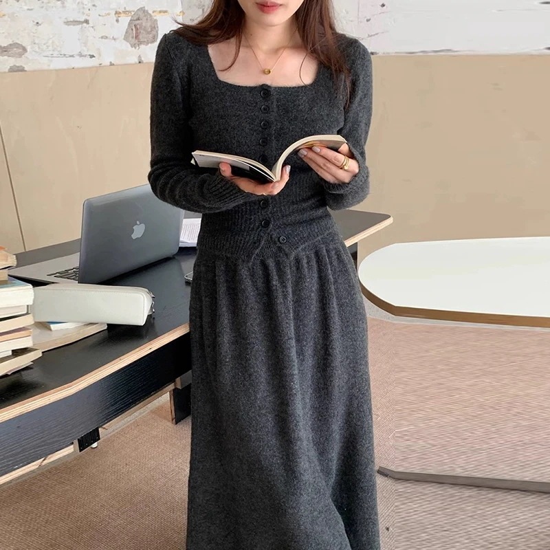 韓国ファッション　レディースセットアップ　ニットトップス+ハイウエストロングスカート　新作　優雅 5,343円