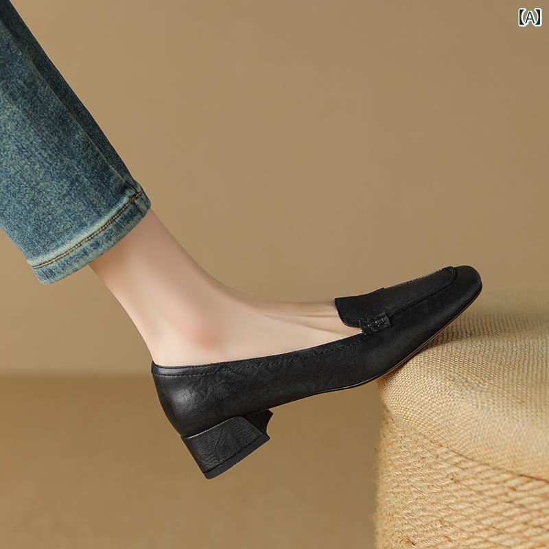 ローファー 通勤 革靴 レディース カジュアル 婦人靴 レトロ 革 浅い 厚手 ヒール スクエアトゥ シューズ ブラウン ソフトレザー ミディアム ヒール 快適 フランス ローヒールシューズ