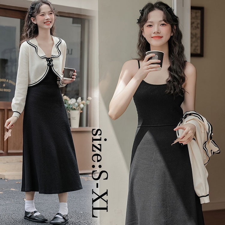 レディース ファッション ワンピースセット オシャレ セットアップ カーディガン+キャミワンピース 長袖カーディガン 着痩せ セクシー 春秋 復古風 通勤 40代 30代 50代 無地 ワンピース き