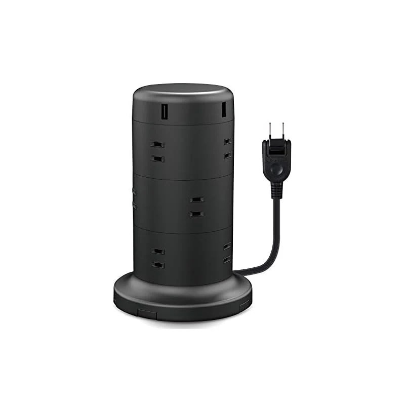 【即納】エレコム 電源タップ タワー型 延長コード [ 12個口 & USB×5ポート ] 固定パーツ付 雷ガード ほこりシャッター 2m ブラック ECT-0720BK