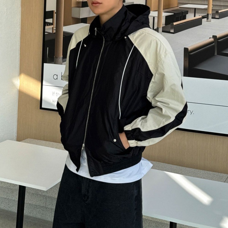 無地ハンサム衝突色フード付きジャケットメンズ秋ルーズアウトドアパンチングジャケットニッチコートのトレンドの韓国語版