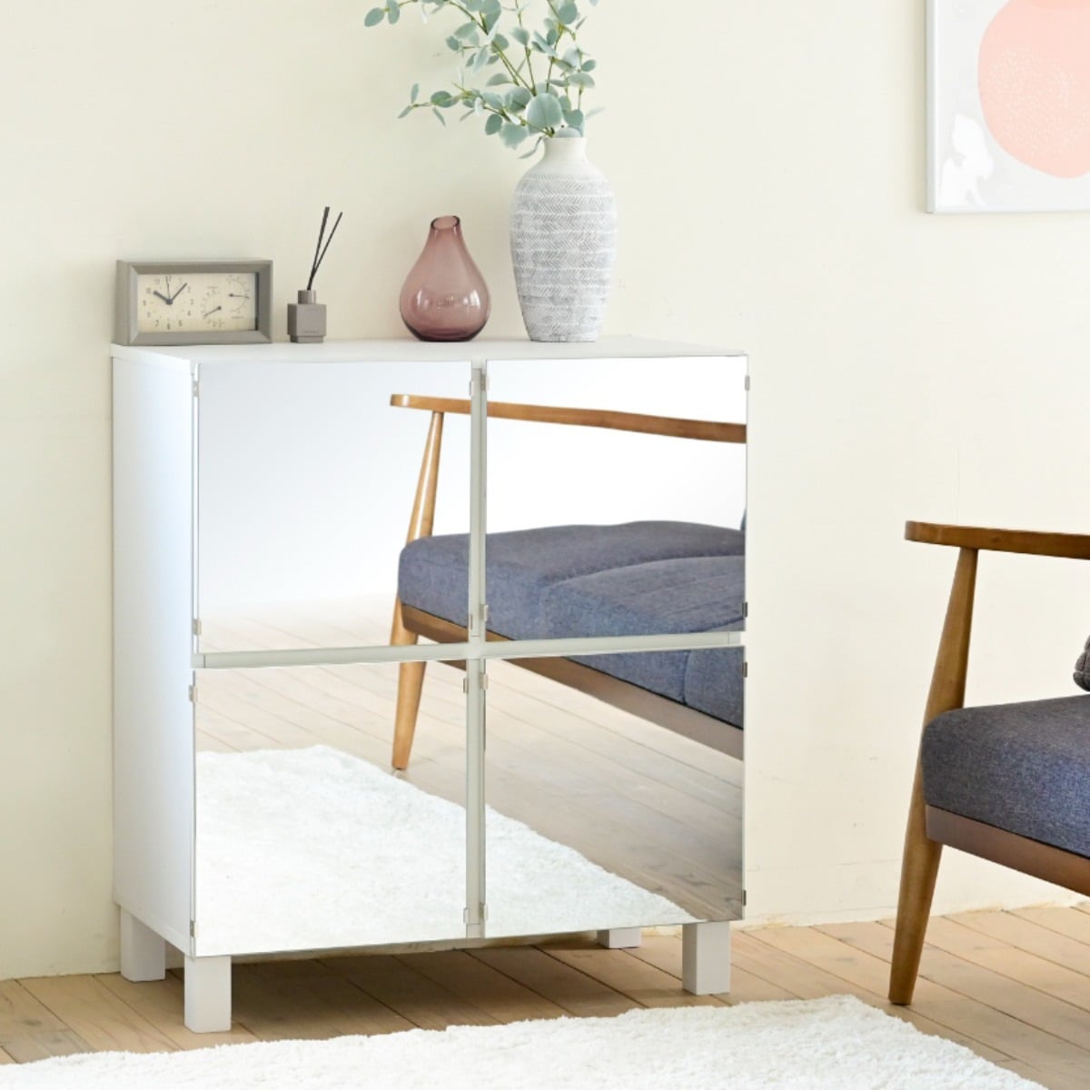 キャビネット 木製 ミラー扉 幅75cm 収納 リビング収納 棚 ラック ミラー 鏡 家具 扉付き ディスプレイ ドレッサー リビング A4対応 可動棚