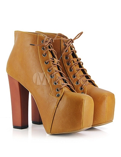 PUレザーフロントレースアップ分厚いハイヒールのブーツ