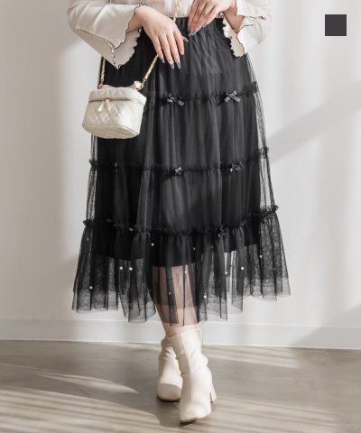 大きいサイズ レディース LL 3L 4L XL XXL XXXL 裾パールティアードリボンチュールスカート