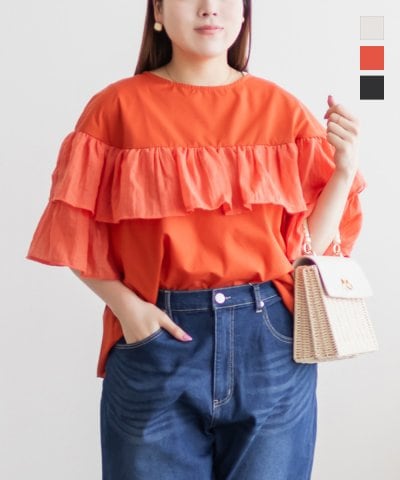 大きいサイズ レディース LL 3L 4L XL XXL XXXL ガーゼフリル切替ブラウス