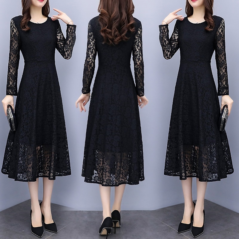 黒いレースのワンピース女装春秋季長袖のセレブ気質の大ヤード底トレンカドレス