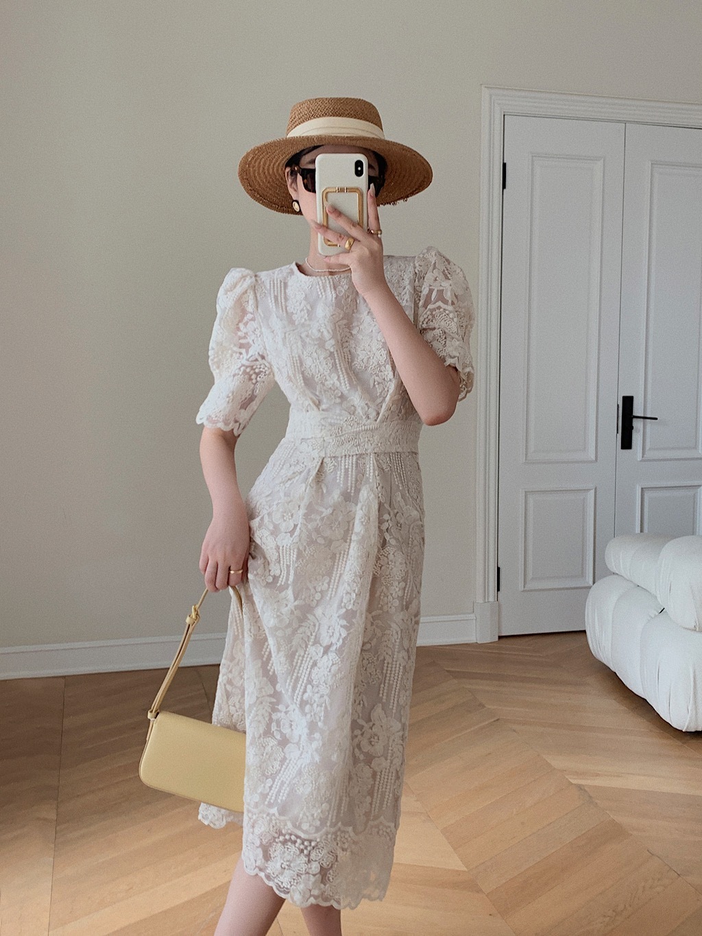 レディース ファッション フレンチ レース ドレス 女性 夏 パフスリーブ デザイン ミドル丈 スカート アプリコット ＳＭＬ かわいい 大人可愛い きれいめ シンプル カジュアル 大人 上品 9,594円