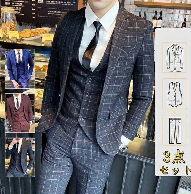 スリムスーツ メンズ スリム ビジネス オールシーズン グレンチェック柄スーツ 1つボタン セットアップ 3点セット ベスト ジャケット カジュアルスーツ ビジネススーツ フォーマルスーツ スリーピー