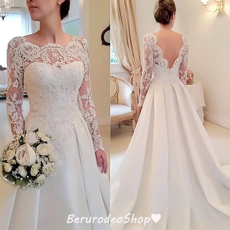 新品大人気 ウェディングドレス レース サテン キレイめ ウェディングドレス 袖あり 長袖 結婚式ドレス 二次会ドレス 花嫁ドレス 白 ホワイトドレス Aライン シンプル 海外挙式 披露宴 XS~XX