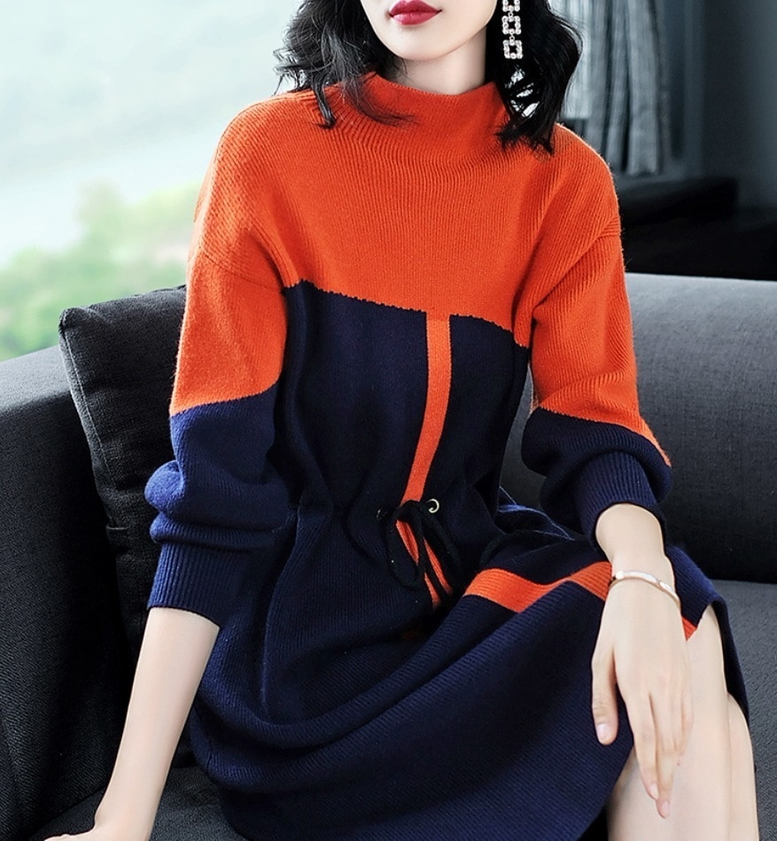 ワンピース デート モテアイテム フレアワンピース ニットワンピ ミディアム丈 長袖 ハイネック 切り替えデザイン 可愛い きれいめ 上品 おしゃれ かっこいい 可愛い ラブリー キュート