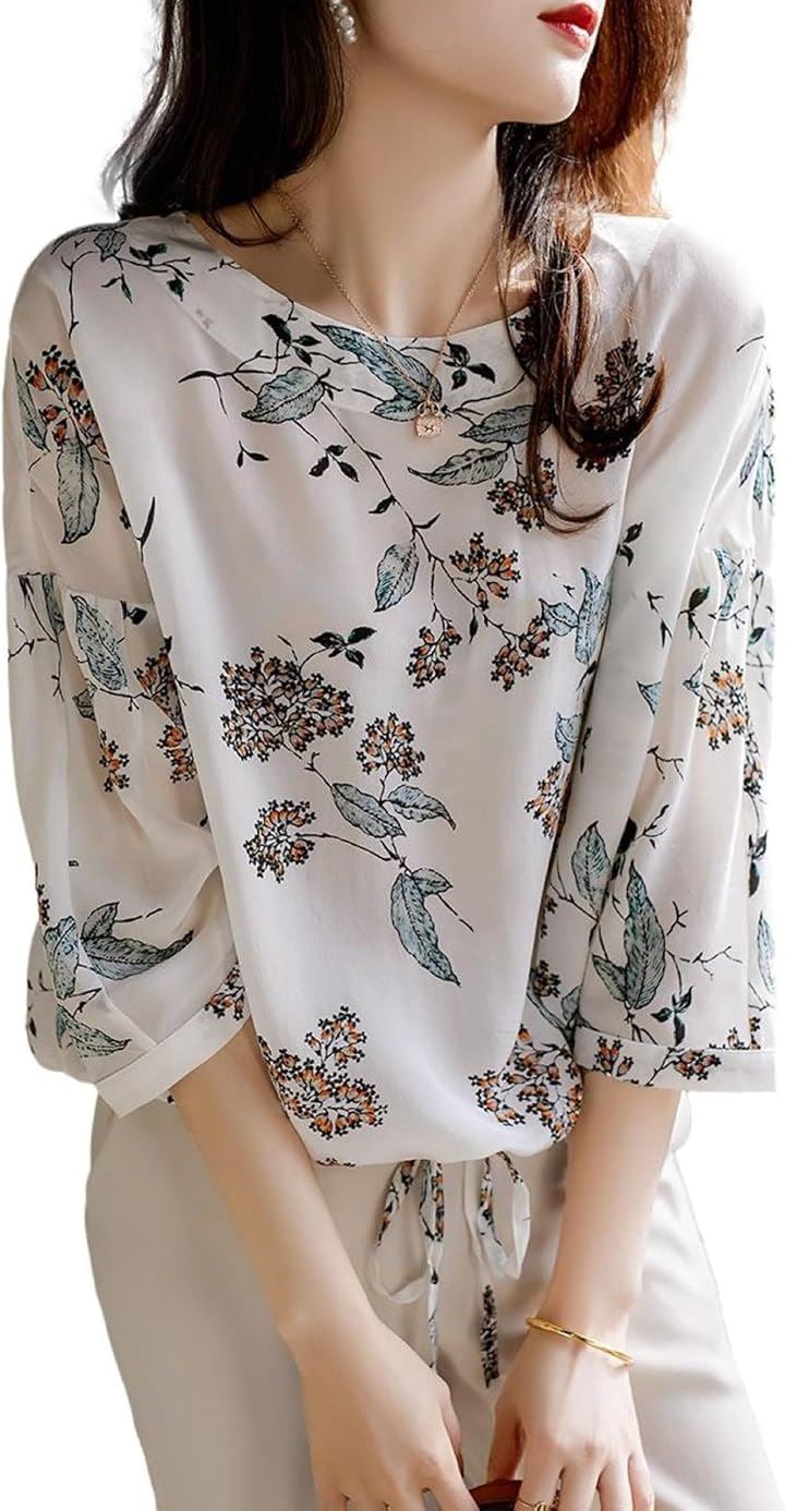 ボタニカル柄カットソー 花柄シフォン ドローストリング 透け感 7分袖 バルーンブラウス 細く見える 七部袖 結婚式 キレイめ 爽やか 配色 おおきめ ユッタリ 秋物(ホワイト, L)