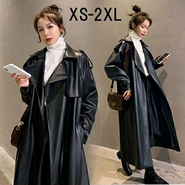 レザージャケットロングジャケットスプリングコートPUフェイクレザート革ジャンアウターレディースコートロングコート春アウターカジュアルベルト付きジャケット着やせ防風シンプル高品質春秋お洒落ブラック 5,527円