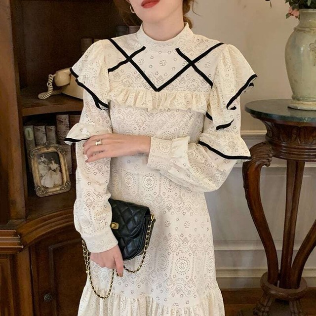 【送料無料】レディース 立ち襟 韓国ワンピース レースワンピ ロングワンピース フリル