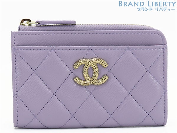 レア新品同様シャネルマトラッセキャビアスキンジップカードケースフラグメントケースパスケースコインケースパープルAP4091