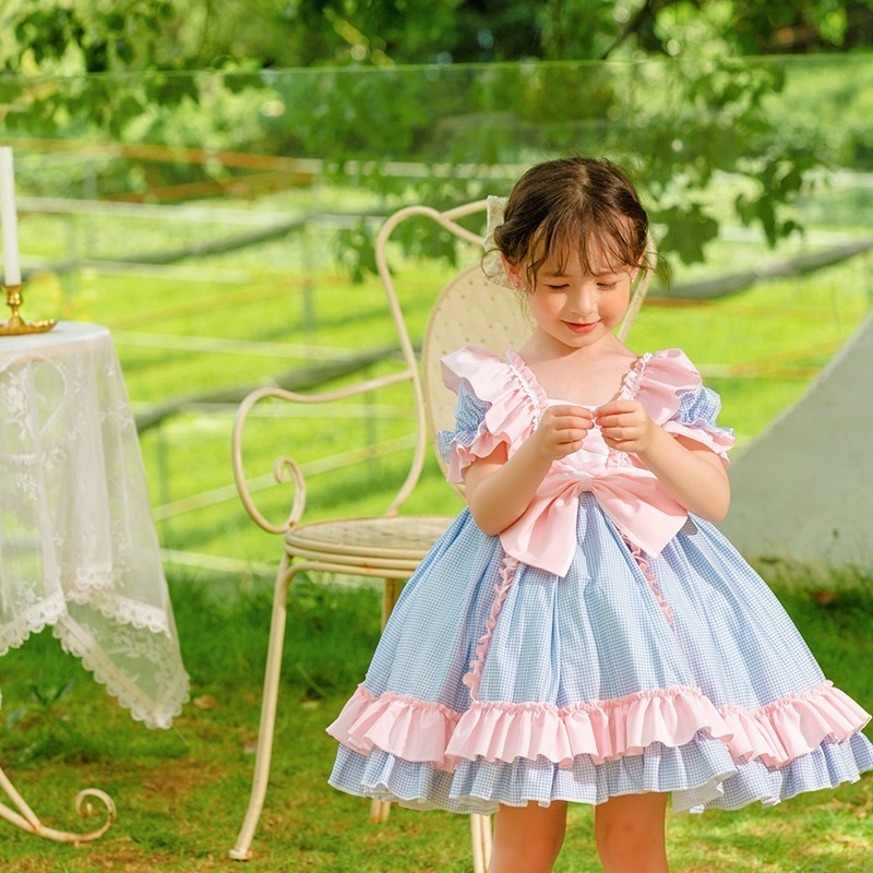 2024夏子供服子供チェック柄軽量半袖パフスカート女の子ロリータロリータプリンセススカート