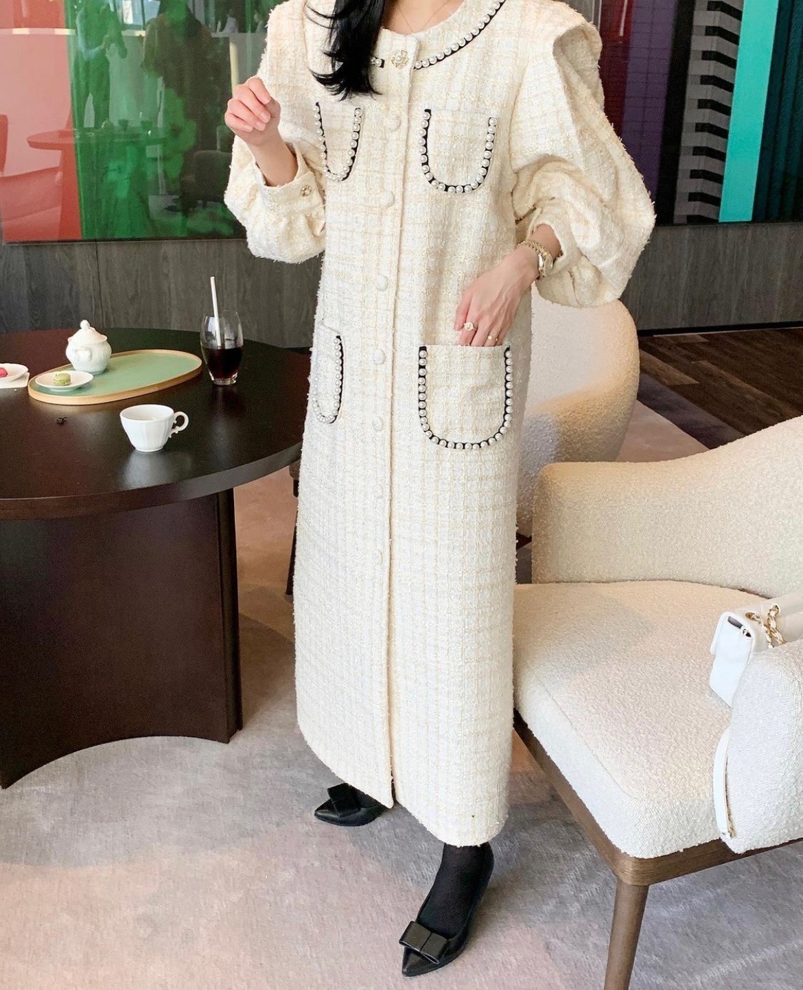 パールトリム ツイード ランタンスリーブ ロング ワンピース OHCA0151