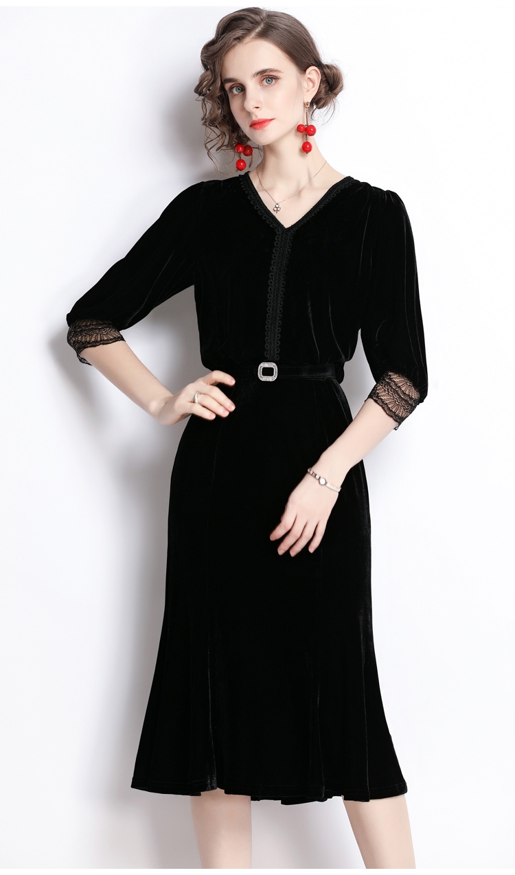 落ち着いた ワンピース 膝下 袖あり 五分袖 Vネック 襟なし マーメイド ベルト ウエストマーク 薄手 ベロア 大人可愛い きれいめ シンプル 大人 上品 おしゃれ かっこいい レトロ モダン 無地