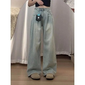 デニムパンツ ハイウエスト ロングパンツ ワイドパンツ ジーンズ レディース レトロ ゆったり ズボン デニムボトムス スキニーパンツひんやりボトムス