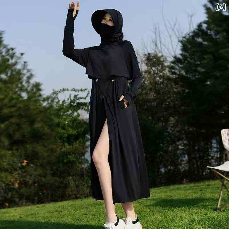 【激安販売】UVカットジャケット レディース ロング丈 接触冷感 ウエストシェイプ ワイドブリムハット 取り外し可能 アウトドア用 夏用 ブラック 軽量 吸湿速乾 日焼け防止 ファッション 通勤 普段