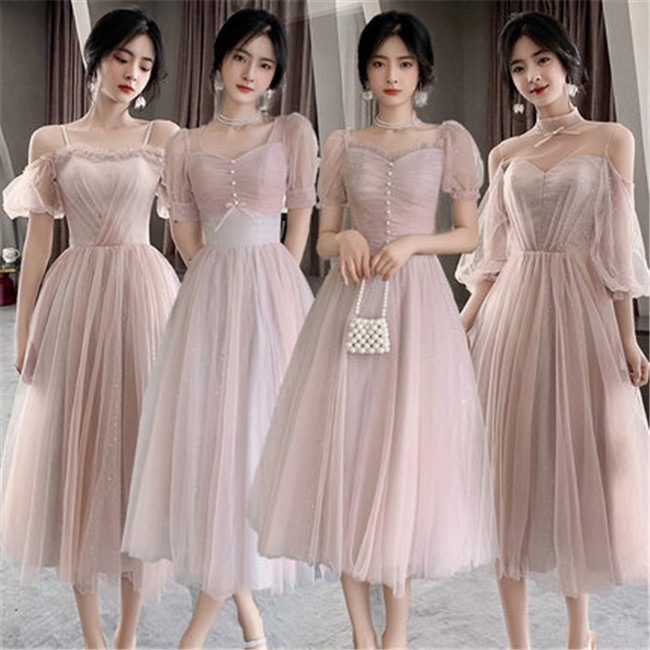 予約　4デザイン ピンク ブライズメイドドレス　パーティードレス　ワンピース二次会演出司会結婚式お呼ばれ ミディアム丈ミモレ丈　ブライズメイド　ドレス　二次会ドレス　フォーマルドレス 1909