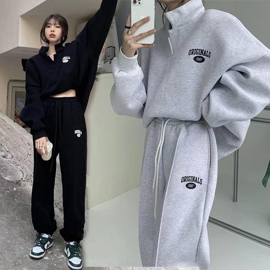 2024人気秋冬服レディーススウェットセットアップ上下二点肌にやさしい綿長袖立ち襟アウター無地スウェットパンツ韓国ファッションレディーストレーニングウェアスポーツウェア