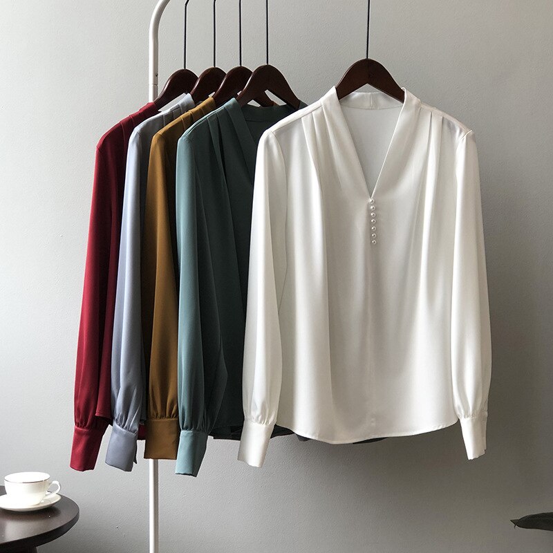 長袖韓版気質女の人 ファッションシンプル Vネック長袖純色サテンシャツ LFZ135 母の日 母の日-0003749 4,971円