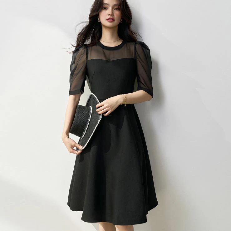 パフスリーブミディワンピ―ス ワンピース 入園式 ワンピ　結婚式 二次会 入学式 大人 上品 卒業式 OL パーティードレス ドレス フォーマル 10,198円