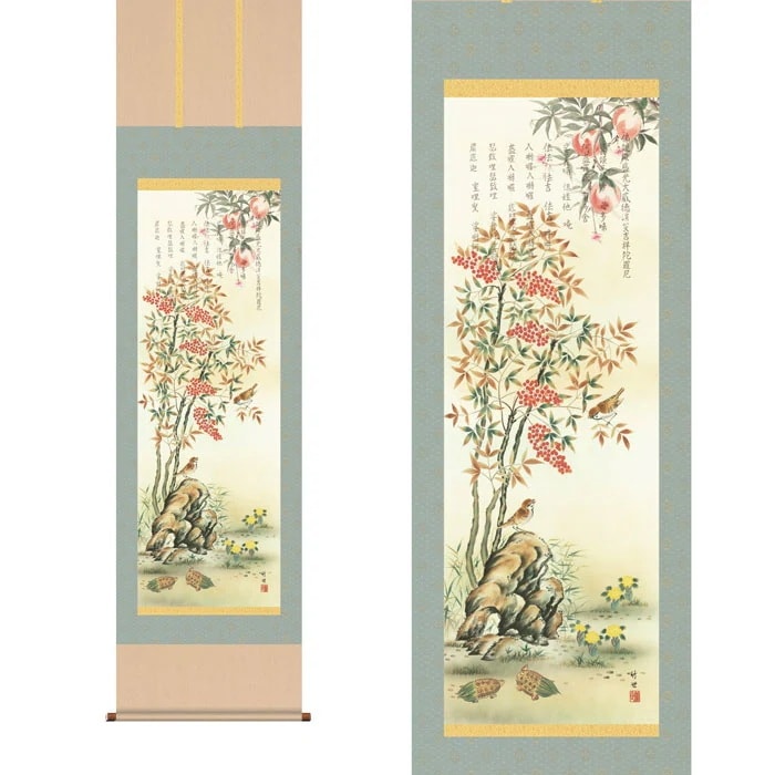 開運掛軸「消災南天三桃図」田村竹世筆 [ 収納箱 31×89 10年保証 受注生産 床の間 和風 掛け軸 日本製 国内産 国産 福 寿 財 名画 厄除け 開運 縁起題材 縁起物 プレゼント 画寸