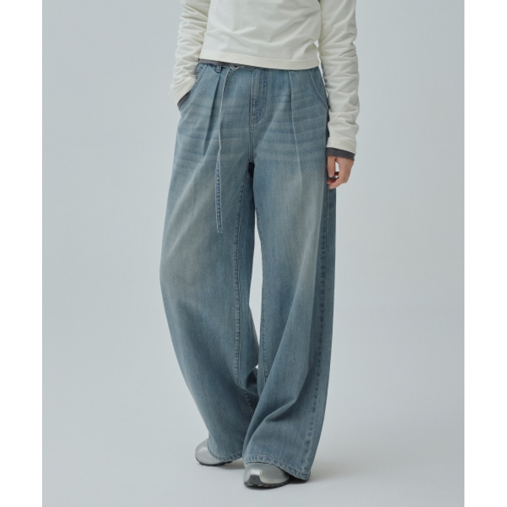 COVERNAT 女性用ベルト付きワイドデニムパンツライトブルー