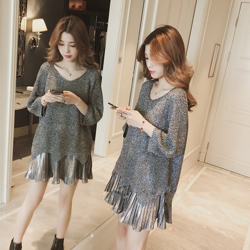 ニット キャミワンピース セットアップ セーター フレアワンピース ミニ ミニ丈 袖あり 長袖 Vネック フレア プリーツ 2点セット ツーピース かわいい 大人可愛い きれいめ シンプル カジュアル