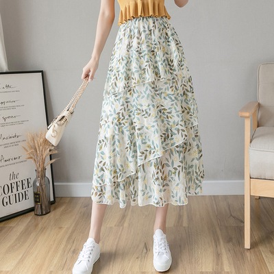 花柄ティアードスカート スカート ボトムス フレアスカート ミモレ ミモレ丈 フレア シフォン フリル ウエストゴム ポリエステル かわいい 大人可愛い きれいめ シンプル カジュアル 大人 上品