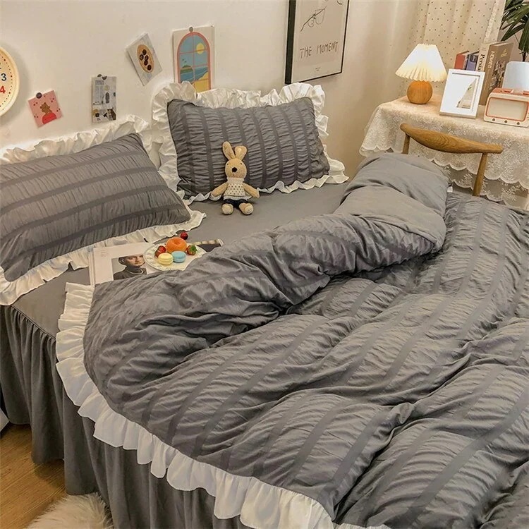 【3日で出荷】る韓国スタイル ガーリーハート レース キルトカバー シーツ 4点セット プリンセススタイル ベッド