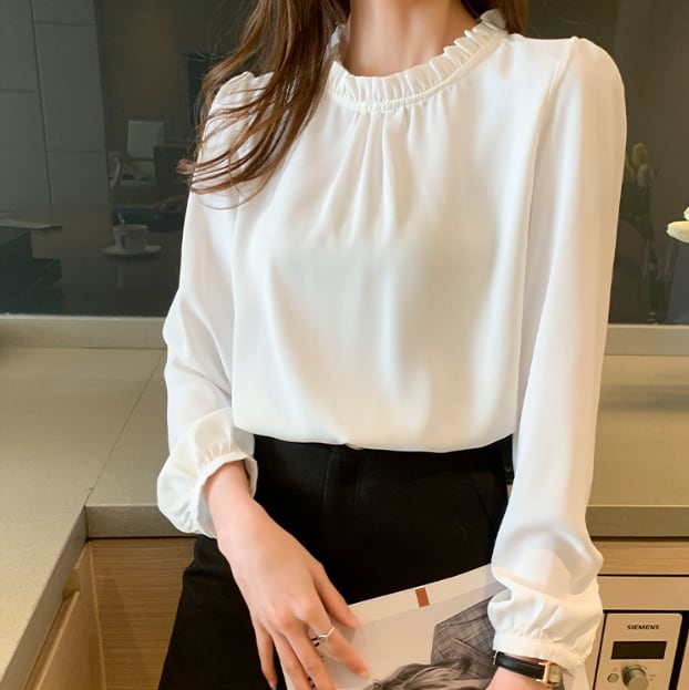 トップス フリルネック バックボタン 長袖 ブラウス シャツ スタンドカラー 無地とろみ感 ゆったり 人気 おすすめ おしゃれ お洒落 激安 安い プチプラ 0 可愛い かわいい 韓国 wt