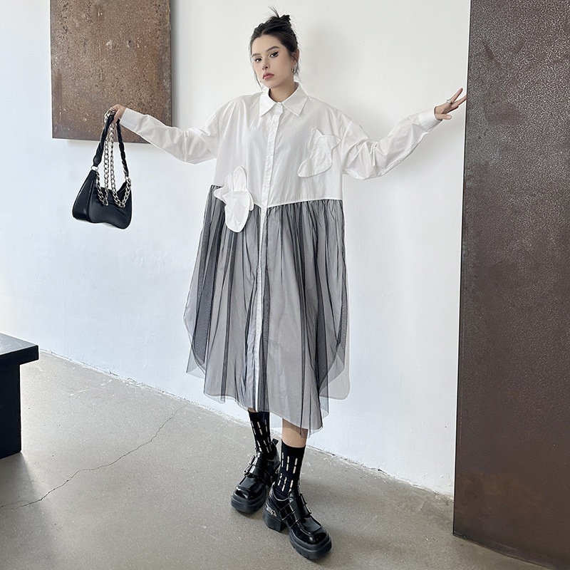 【J.Fashion】 2025秋 チュールドッキング ワンピース おしゃれ レディース シャツワンピース 関連商品購入可能 メガ割