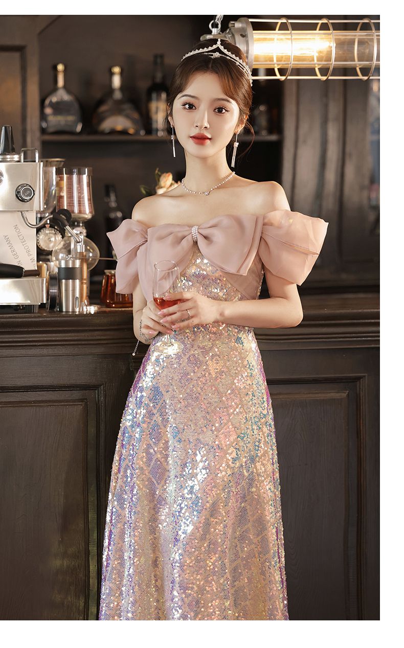 パーティードレス イブニングドレス女性宴会豪華なピンクのスパンコールバットミツバー