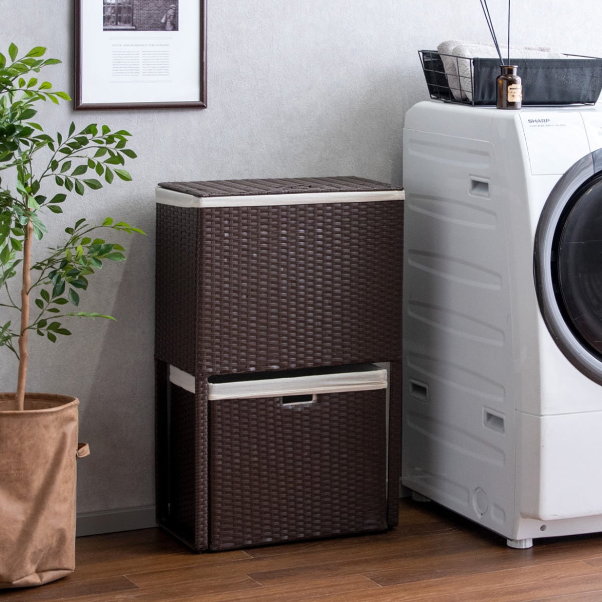 ランドリーボックス ふた付き Diario ラタン調 ブラウン ランドリーバスケット 洗濯 洗濯かご ランドリー 2段 収納 水周り 完成品 ランドリーグッズ 洗濯物入 脱衣かご キャスター付