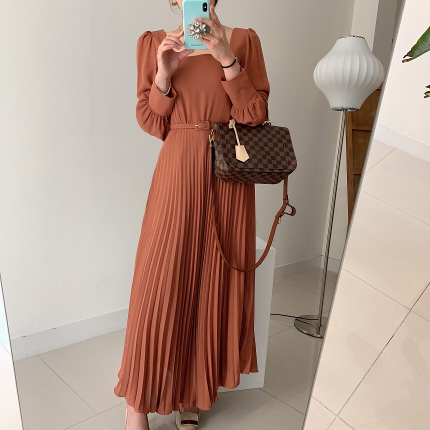 2色 ワンピース 長袖 春 秋 冬 きれいめ カジュアル かわいい ロング フォーマル aライン Aライン フレア ワンピドレス プリーツスカート ロング ロング丈 マキシ マキシ丈 9分丈 アンクル