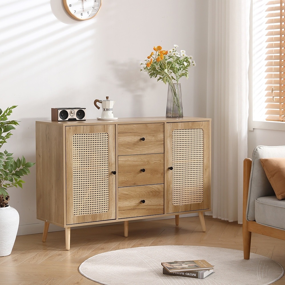 キャビネット サイドボード チェストラタン調 ラタン風 引き出し付き 大容量 収納棚 リビング 収納 ローボード 収納チェスト2段 サイドボード 扉付き リビングボード 洋服 タンス 箪笥 おし
