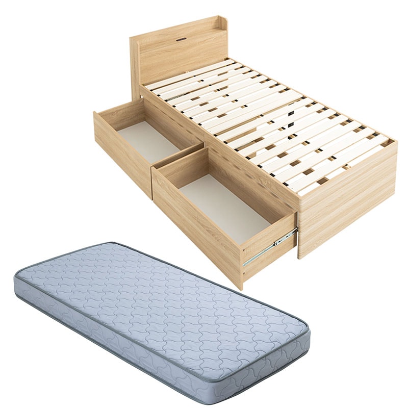 収納ベッド マットレス付き ボンネルコイル ハイタイプ 収納付きベッド チェストベッド 大容量収納 容量約180L シングル コンセント付き